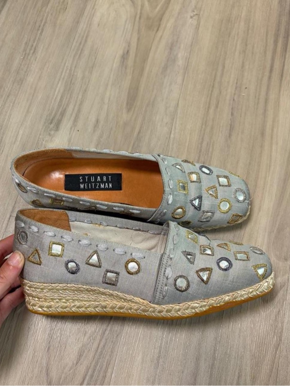 Stuart Weitzman Light Gray Embroidered Espadrille Wedges